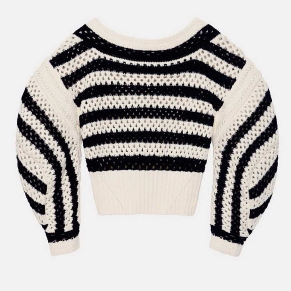 ZARA LIMITED EDITION XL Striped OPENWORK KNIT Boho Sweater BLACK/WHITE Knitted - Picture 5 of 6